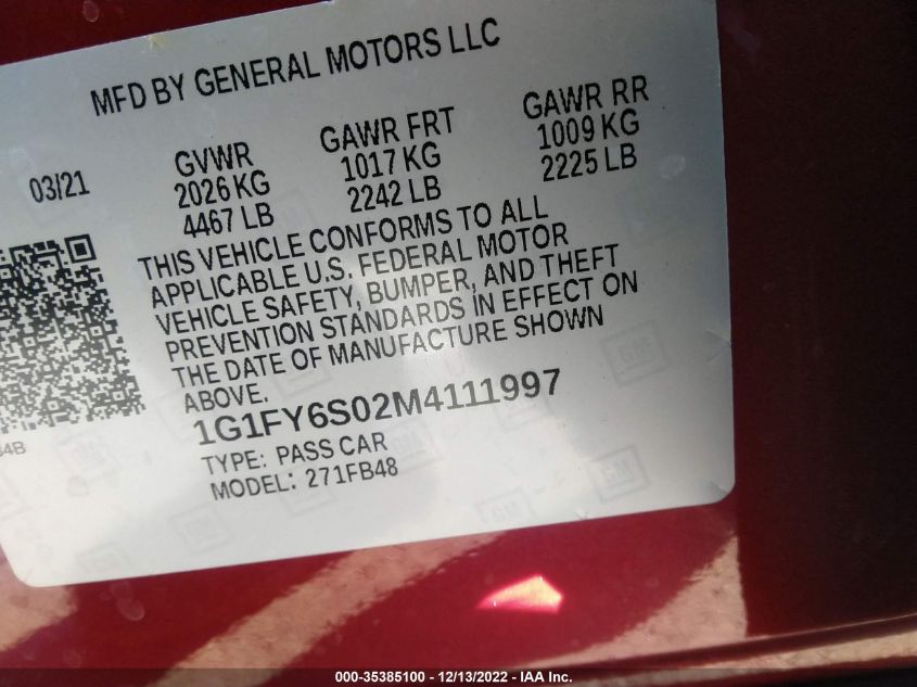 2021 CHEVROLET BOLT EV LT 1G1FY6S02M4111997