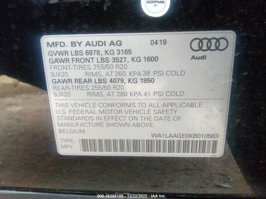 VIN WA1LAAGE0KB010563 2019 AUDI E-TRON no.9