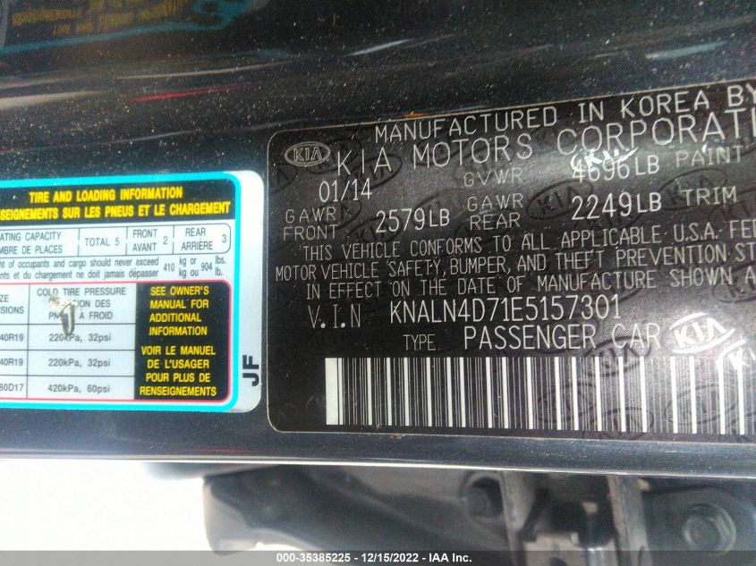 2014 KIA CADENZA LIMITED KNALN4D71E5157301
