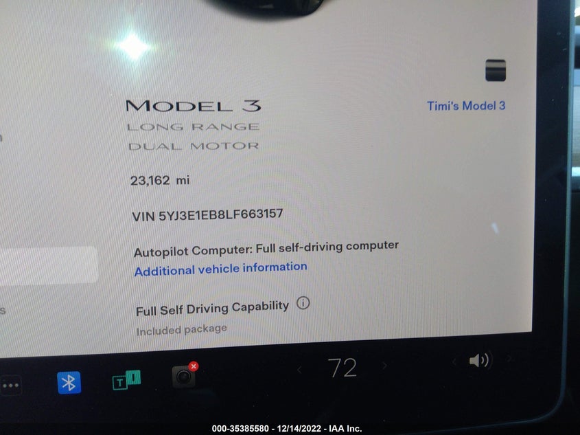 VIN 5YJ3E1EB8LF663157 2020 TESLA MODEL 3 LONG RANGE