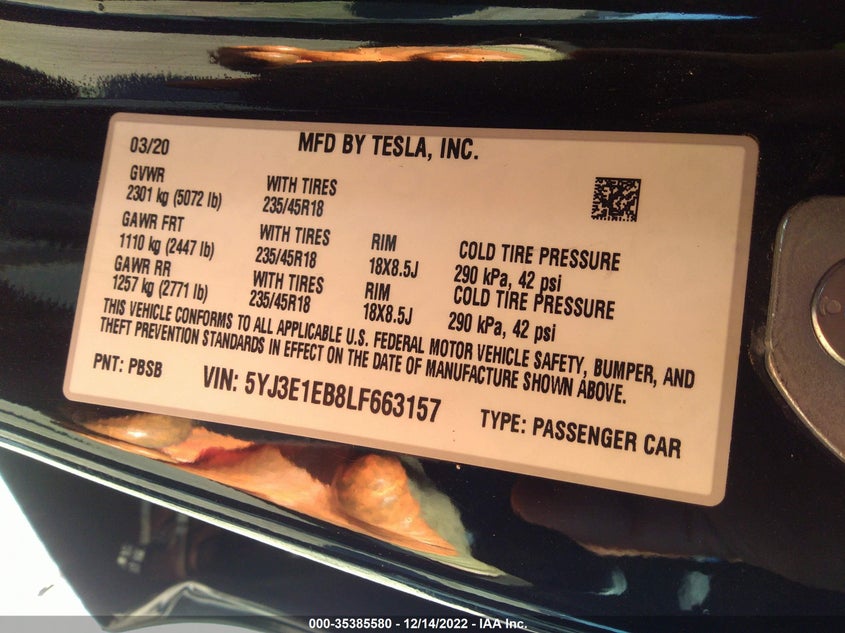 VIN 5YJ3E1EB8LF663157 2020 TESLA MODEL 3 LONG RANGE