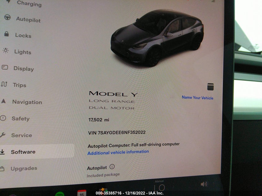 VIN 7SAYGDEE6NF352022 2022 TESLA MODEL Y LONG RANGE