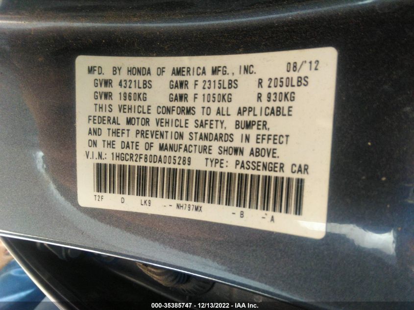 2013 HONDA ACCORD SDN EX-L 1HGCR2F80DA005289