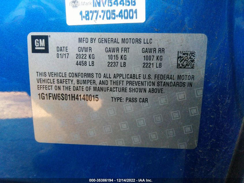 2017 CHEVROLET BOLT EV LT 1G1FW6S01H4140015