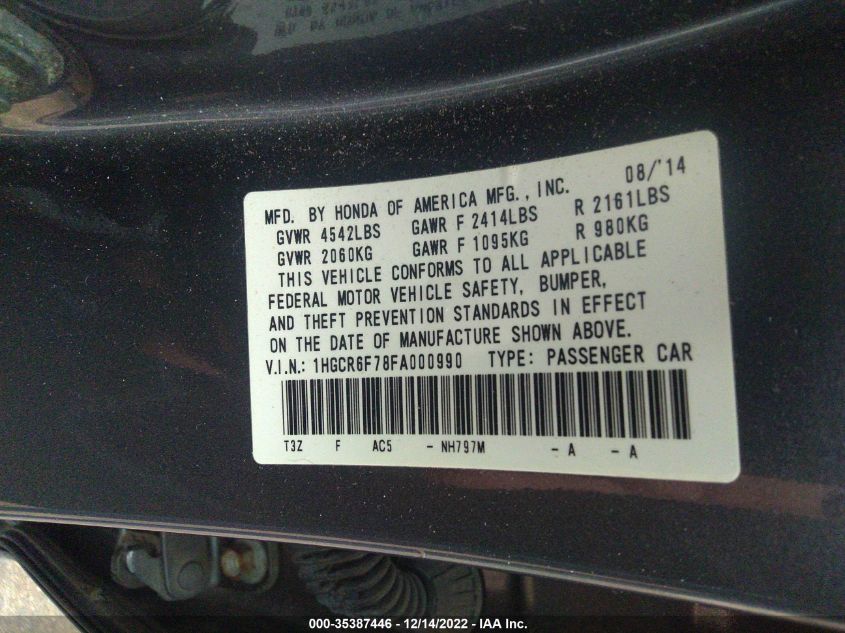 2015 HONDA ACCORD HYBRID TOURING 1HGCR6F78FA000990