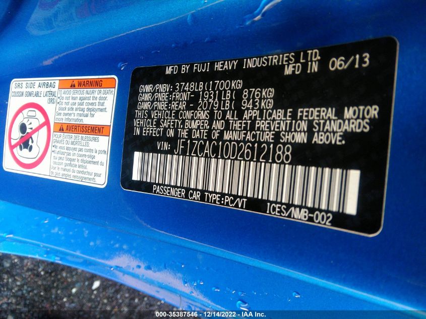 2013 SUBARU BRZ LIMITED JF1ZCAC10D2612188