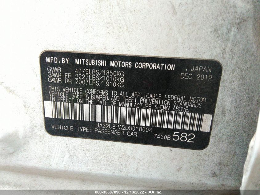 2013 MITSUBISHI LANCER GT JA32U8FW2DU018004