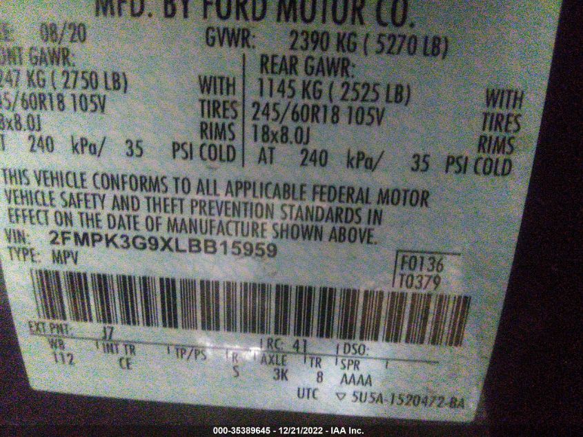 VIN 2FMPK3G9XLBB15959 2020 FORD EDGE no.9