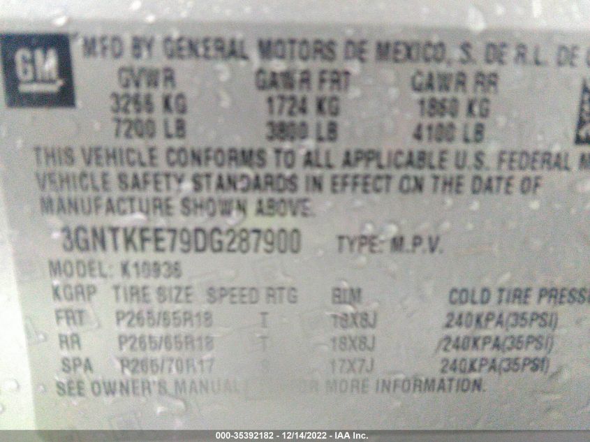 2013 CHEVROLET AVALANCHE LT 3GNTKFE79DG287900