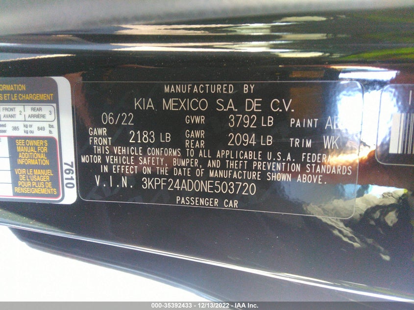 VIN 3KPF24AD0NE503720 2022 KIA FORTE LXS