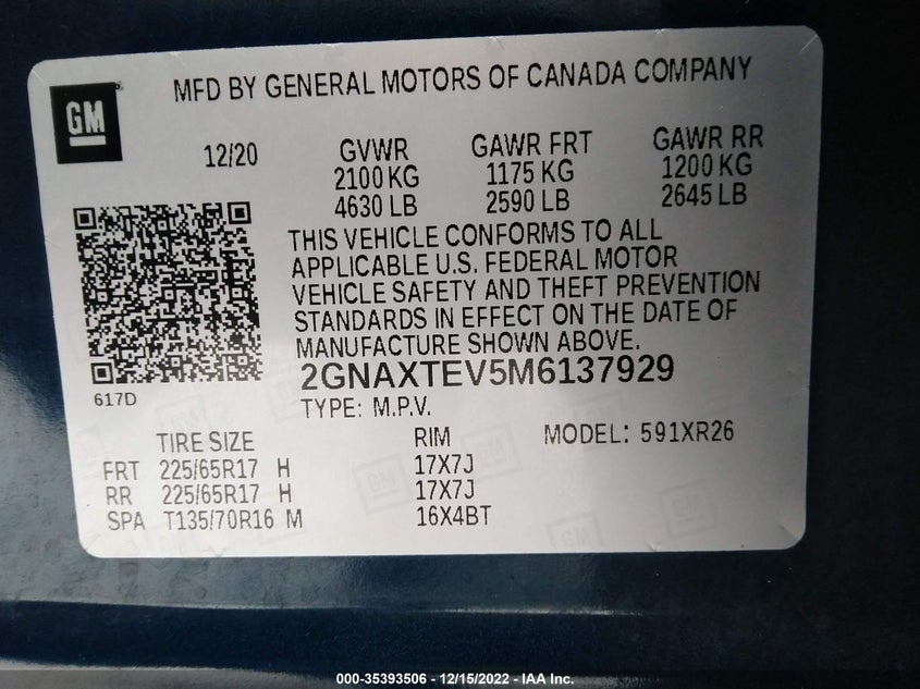 VIN 2GNAXTEV5M6137929 2021 CHEVROLET EQUINOX LT