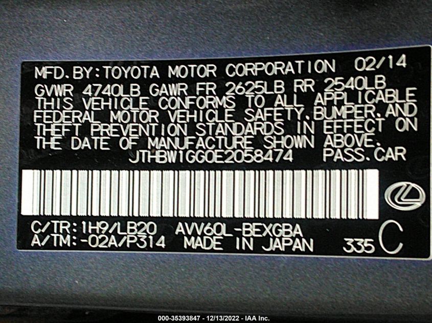 2014 LEXUS ES 300H HYBRID JTHBW1GG0E2058474