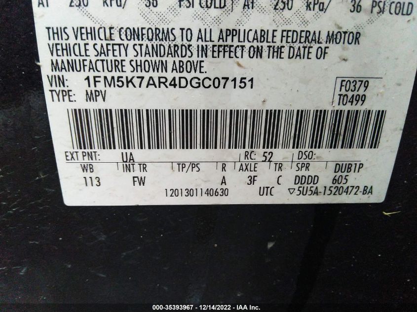 2013 FORD UTILITY POLICE 1FM5K7AR4DGC07151