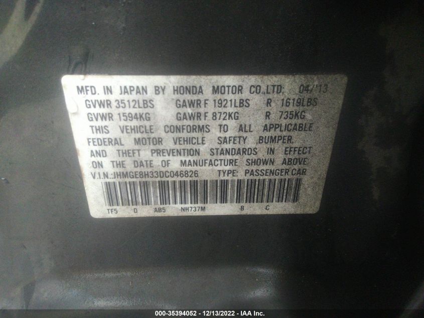 2013 HONDA FIT JHMGE8H33DC046826