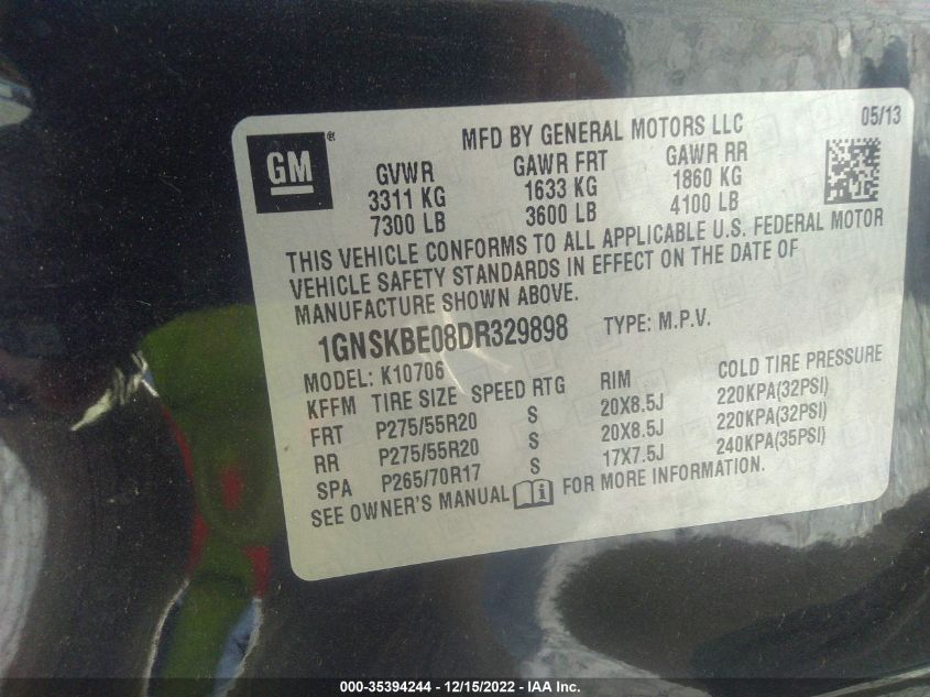 2013 CHEVROLET TAHOE LT 1GNSKBE08DR329898