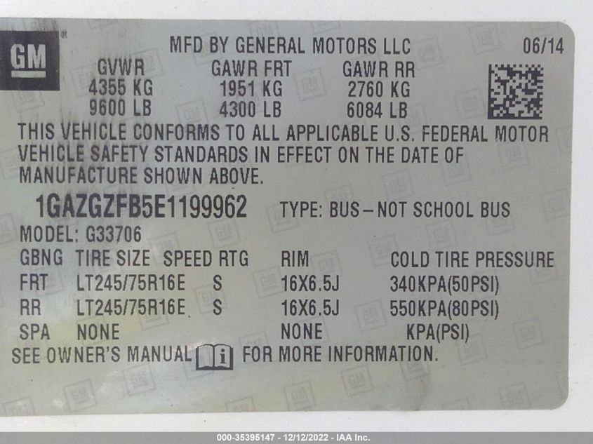 2014 CHEVROLET EXPRESS 1GAZGZFB5E1199962