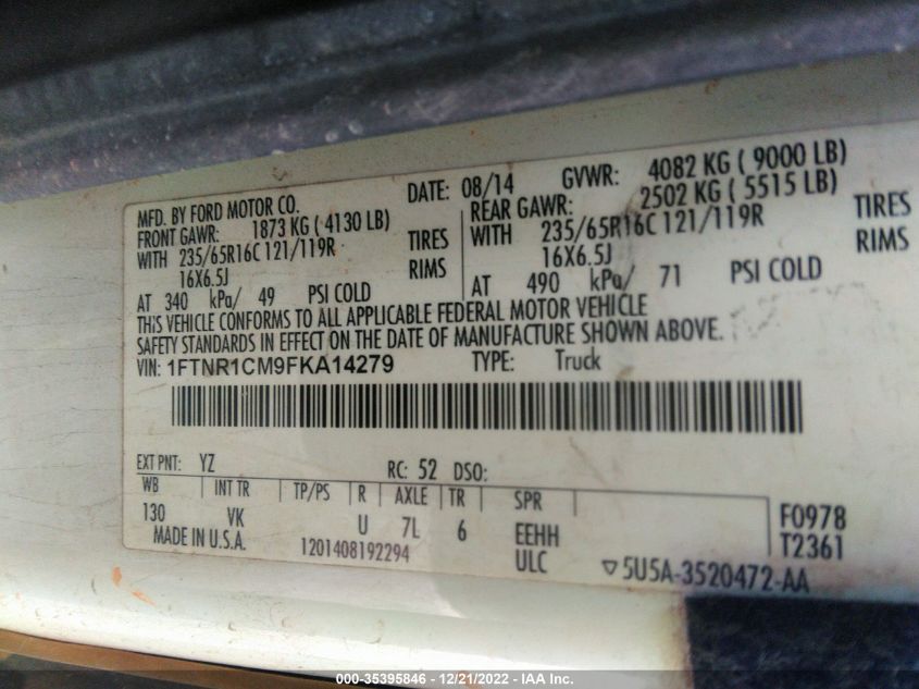 2015 FORD TRANSIT CARGO VAN 1FTNR1CM9FKA14279