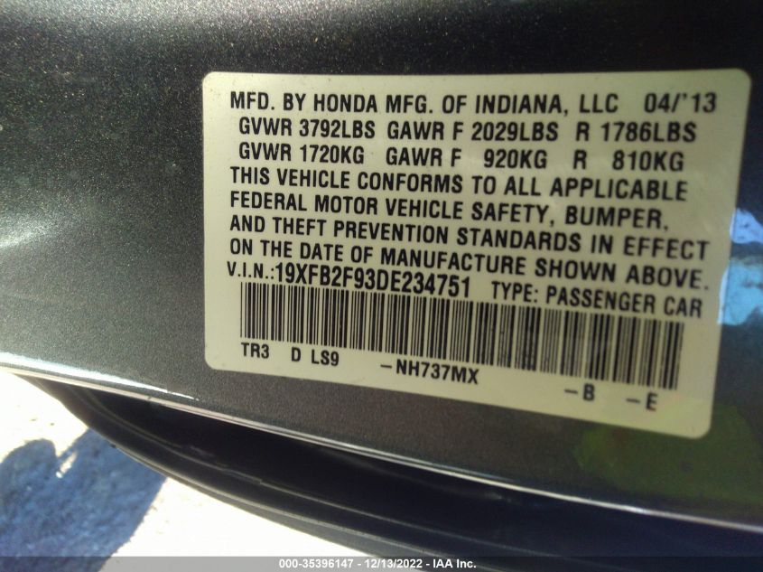 2013 HONDA CIVIC SDN EX-L 19XFB2F93DE234751