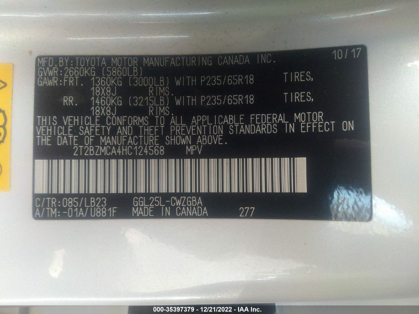 2017 LEXUS RX RX 350 2T2BZMCA4HC124568