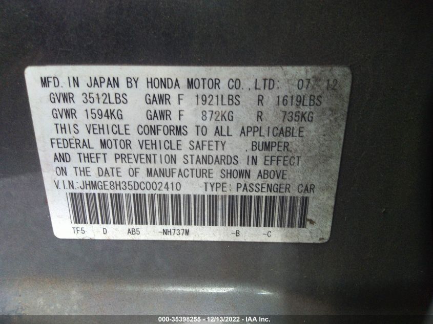 2013 HONDA FIT JHMGE8H35DC002410