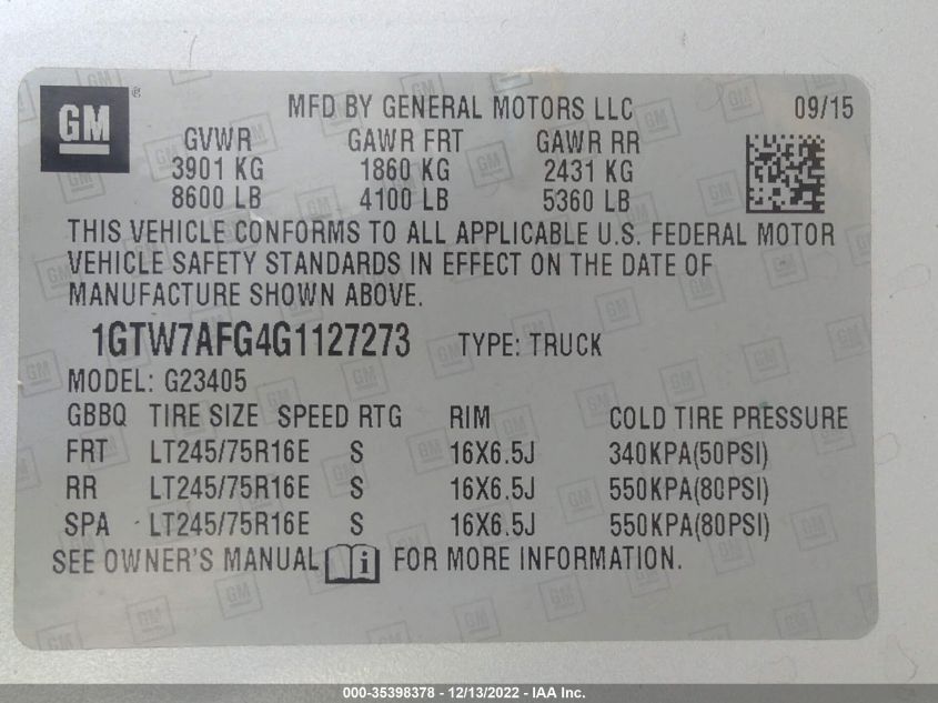 2016 GMC SAVANA CARGO VAN 1GTW7AFG4G1127273