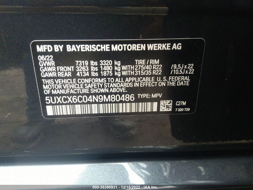 5UXCX6C04N9M80486 BMW X7 M50I 9