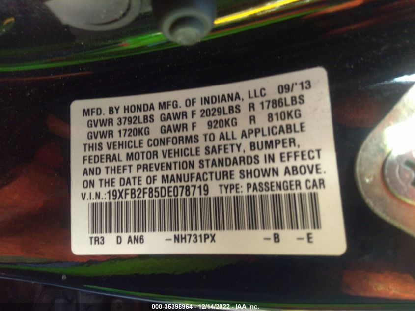 2013 HONDA CIVIC SDN EX 19XFB2F85DE078719