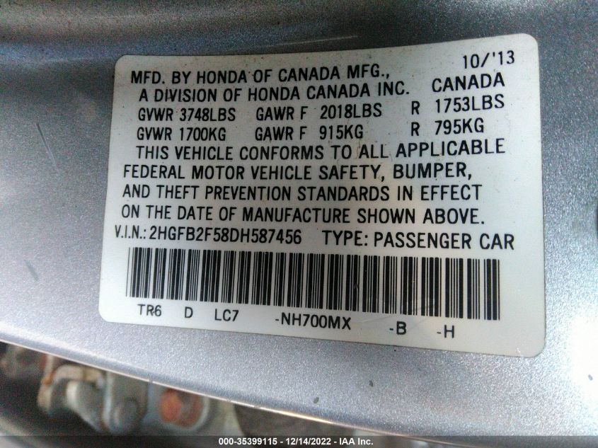 2013 HONDA CIVIC SDN LX 2HGFB2F58DH587456