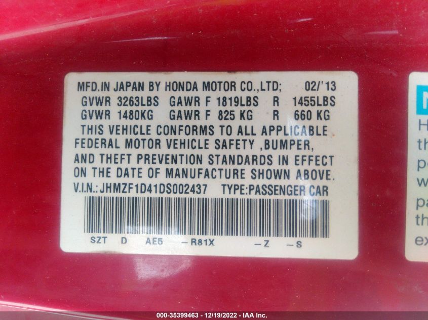 2013 HONDA CR-Z JHMZF1D41DS002437