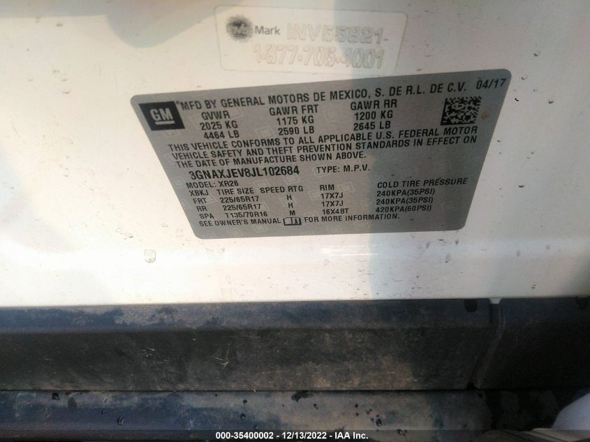 2018 CHEVROLET EQUINOX LT - 3GNAXJEV8JL102684