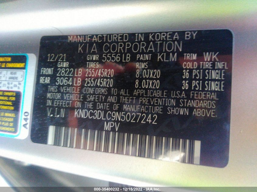 2022 KIA EV6 GT-LINE KNDC3DLC9N5027242