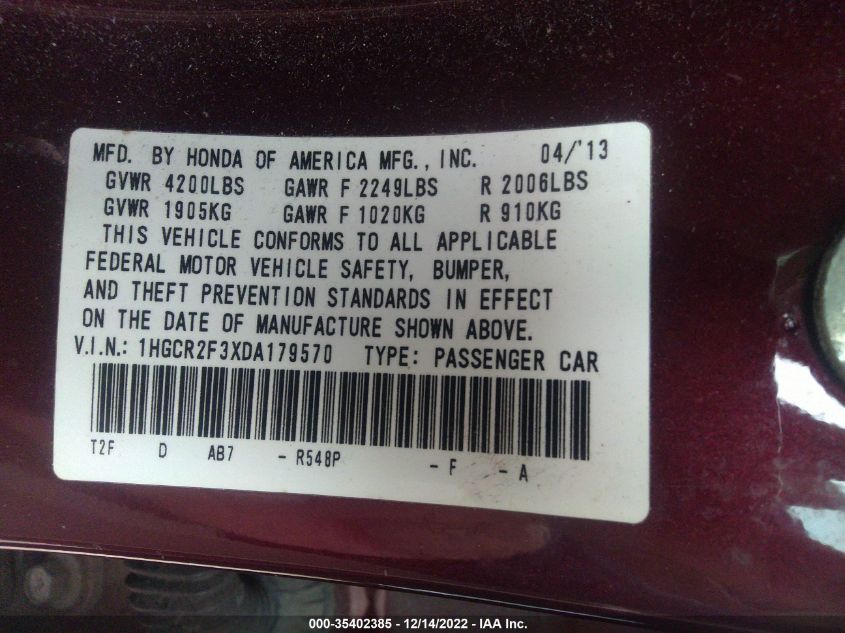 2013 HONDA ACCORD SDN LX 1HGCR2F3XDA179570