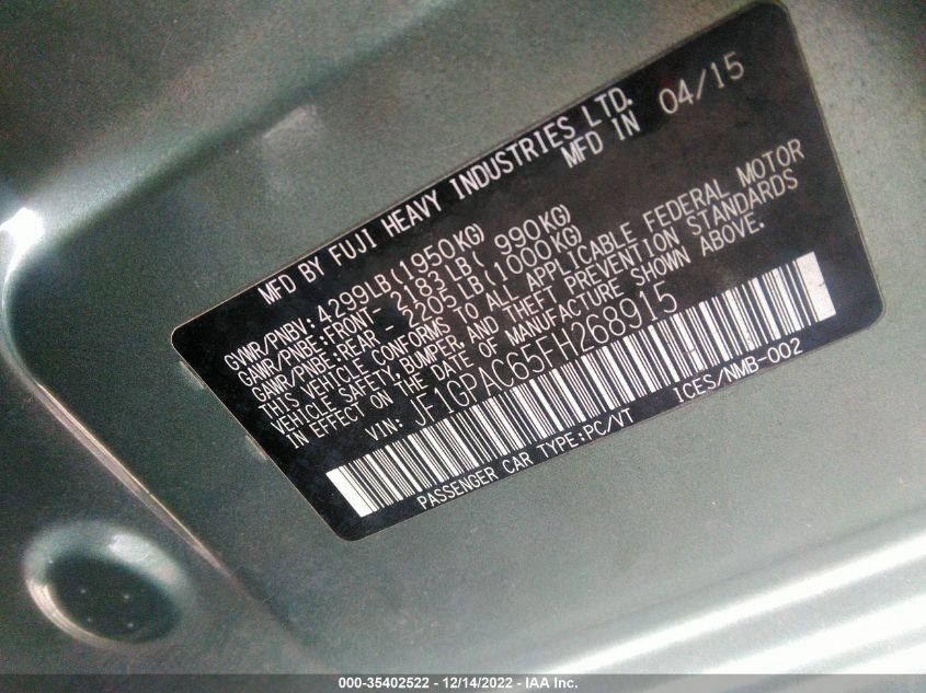 2015 SUBARU IMPREZA WAGON 2.0I PREMIUM JF1GPAC65FH268915