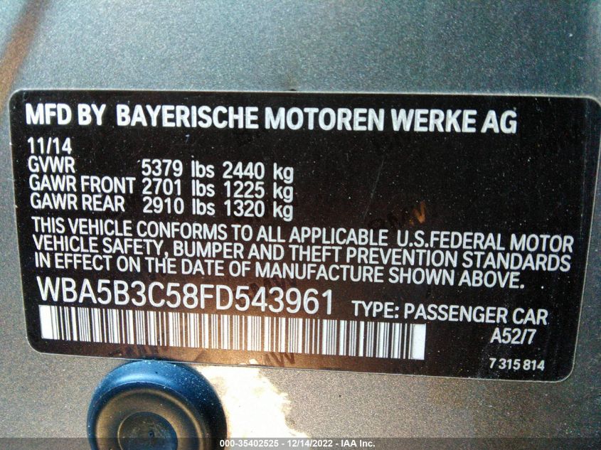 2015 BMW 5 SERIES 535I XDRIVE - WBA5B3C58FD543961