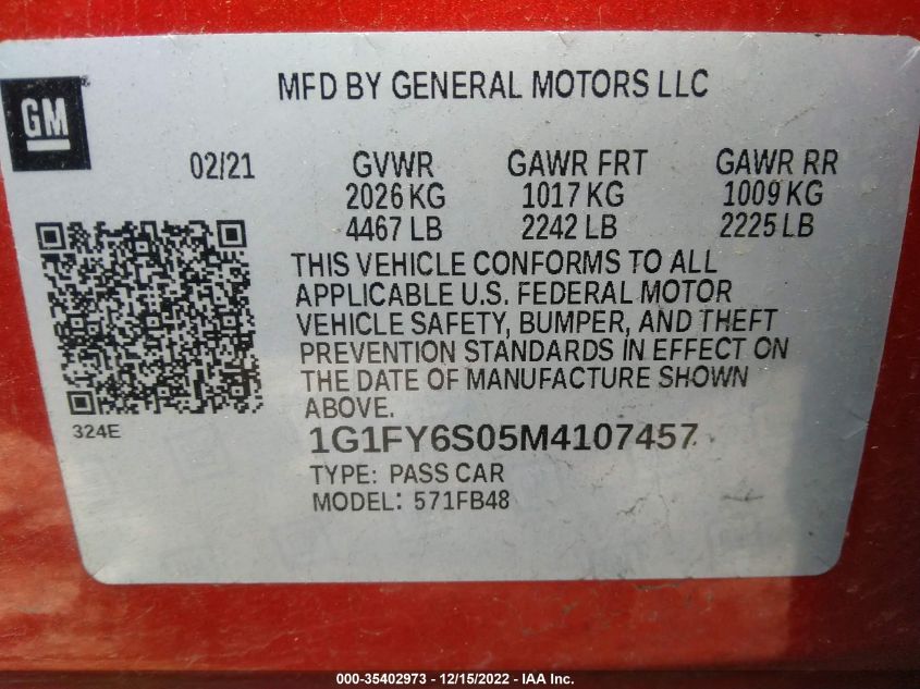 2021 CHEVROLET BOLT EV LT 1G1FY6S05M4107457