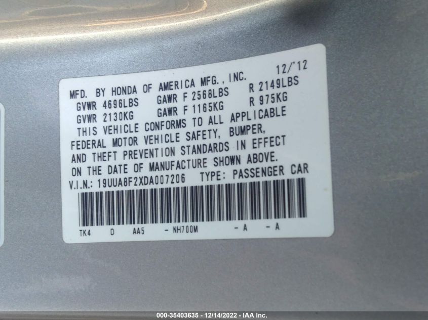 2013 ACURA TL 19UUA8F2XDA007206