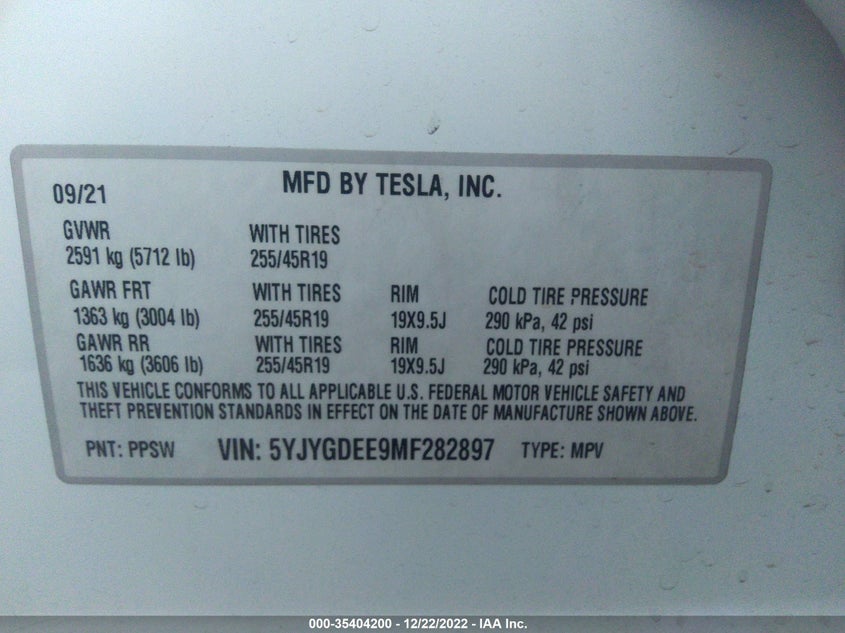 VIN 5YJYGDEE9MF282897 2021 TESLA MODEL Y LONG RANGE