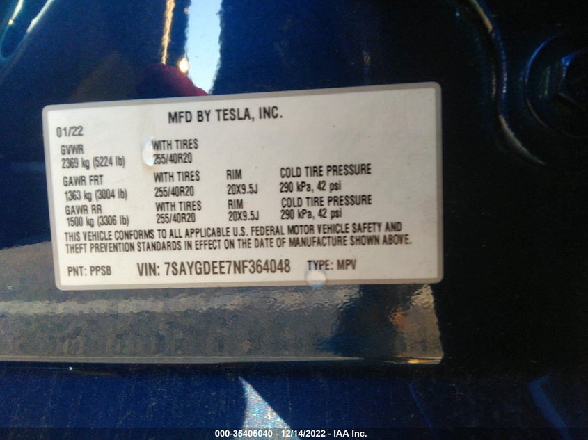 VIN 7SAYGDEE7NF364048 2022 TESLA MODEL Y LONG RANGE