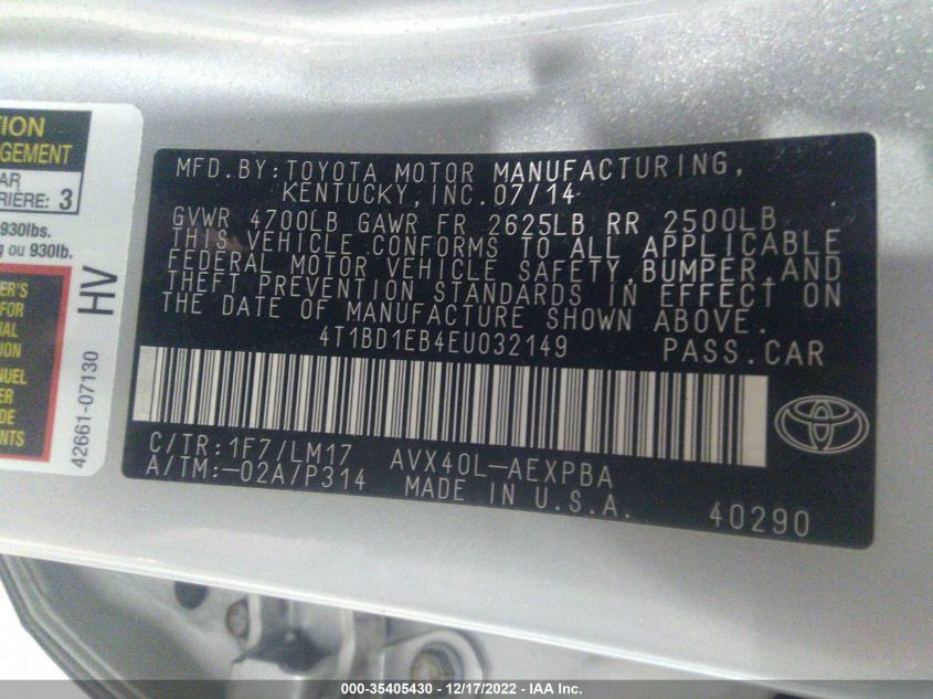 2014 TOYOTA AVALON HYBRID LIMITED/XLE TOURING 4T1BD1EB4EU032149
