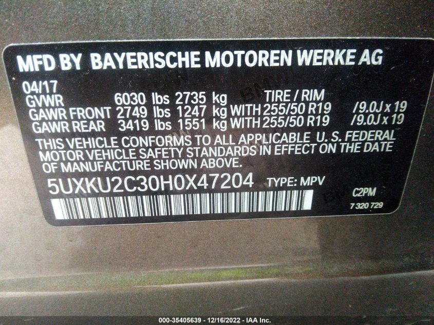 2017 BMW X6 XDRIVE35I 5UXKU2C30H0X47204