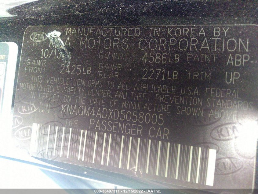 2013 KIA OPTIMA HYBRID EX KNAGM4ADXD5058005