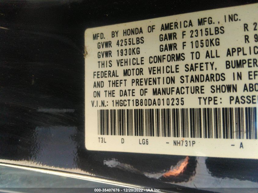 2013 HONDA ACCORD CPE EX-L 1HGCT1B80DA010235