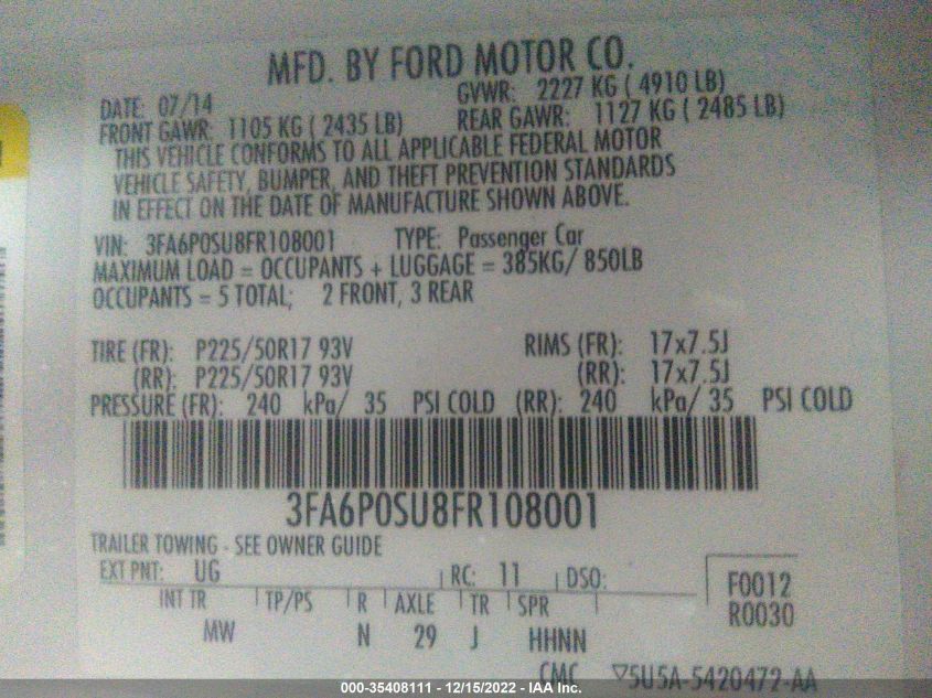 2015 FORD FUSION ENERGI TITANIUM 3FA6P0SU8FR108001