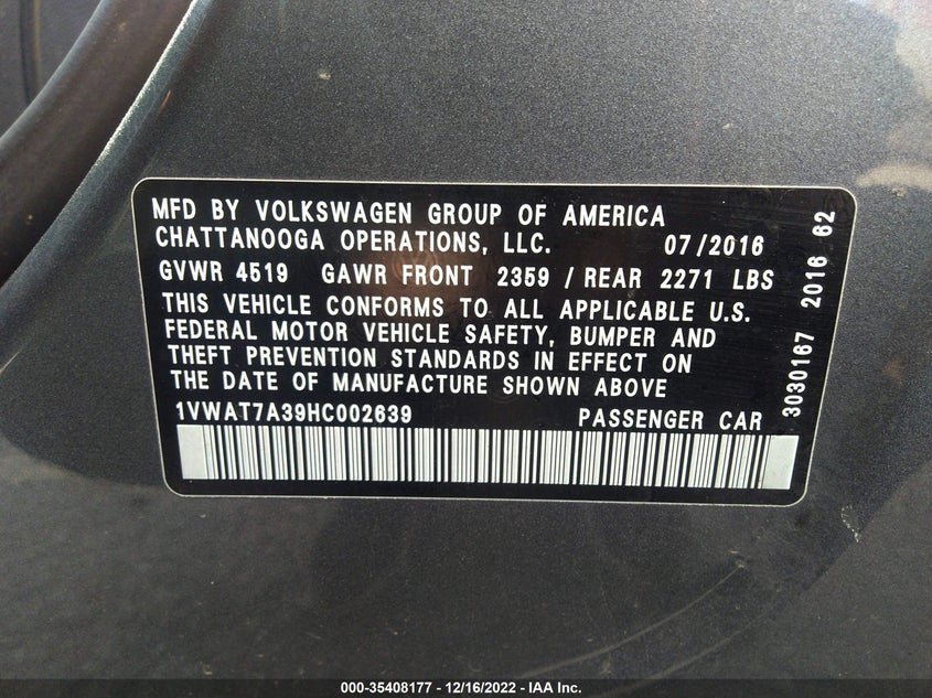 VIN 1VWAT7A39HC002639 2017 VOLKSWAGEN PASSAT 1.8T S