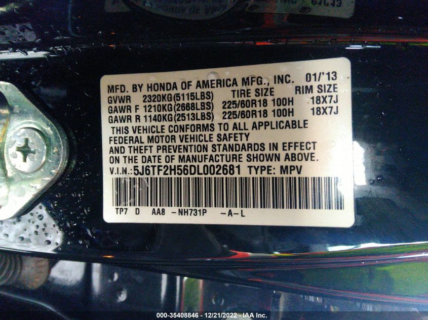 2013 HONDA CROSSTOUR EX-L 5J6TF2H56DL002681