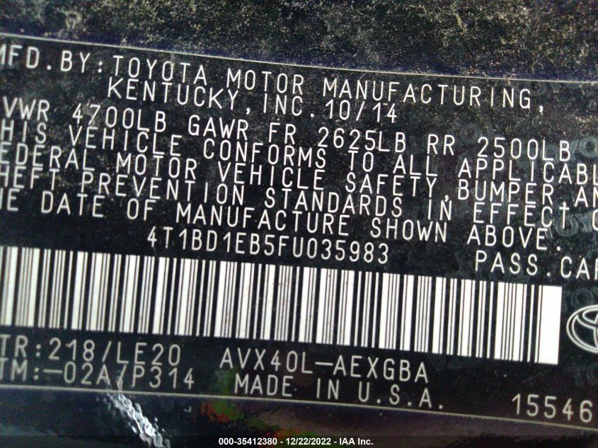 2015 TOYOTA AVALON HYBRID XLE TOURING/LIMITED 4T1BD1EB5FU035983