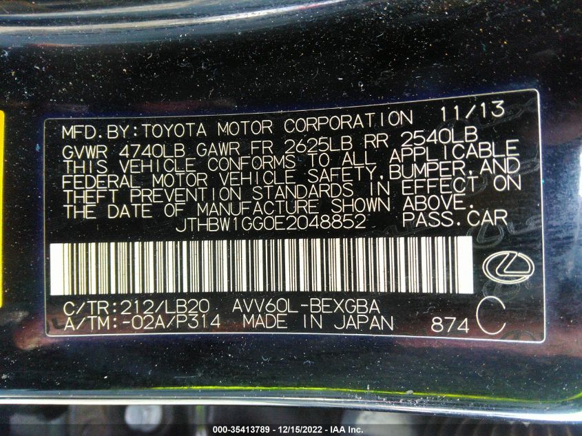 2014 LEXUS ES 300H HYBRID JTHBW1GG0E2048852