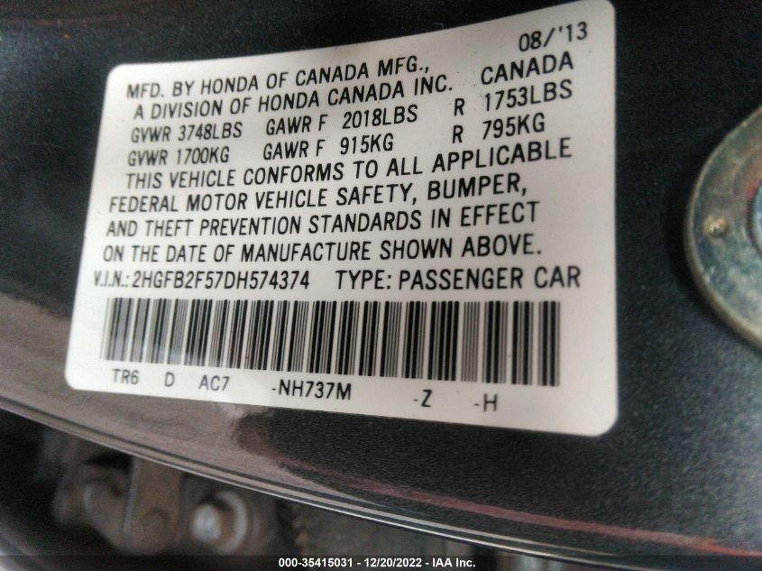 2013 HONDA CIVIC SDN LX 2HGFB2F57DH574374