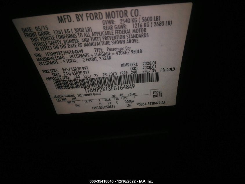 2015 FORD TAURUS SHO - 1FAHP2KT3FG164849