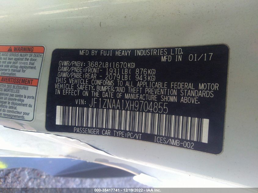 VIN JF1ZNAA1XH9704855 2017 TOYOTA 86